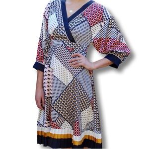 SKIES ARE BLUE Women's Patchwork 3/4 Sleeve Multicolor Midi Dress Size Small NEW